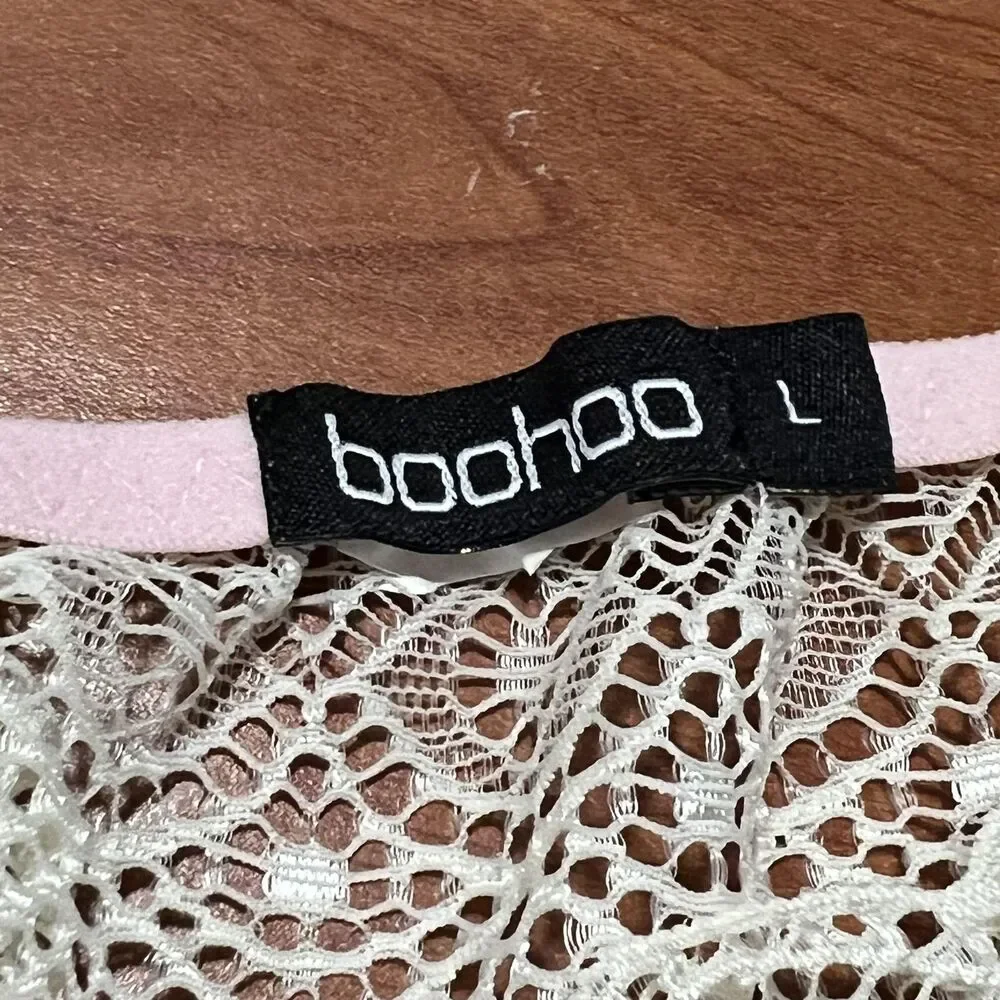 Boohoo Bralette Bra Women's L White Lace Wireless Ruffle Hem Adjustable Straps